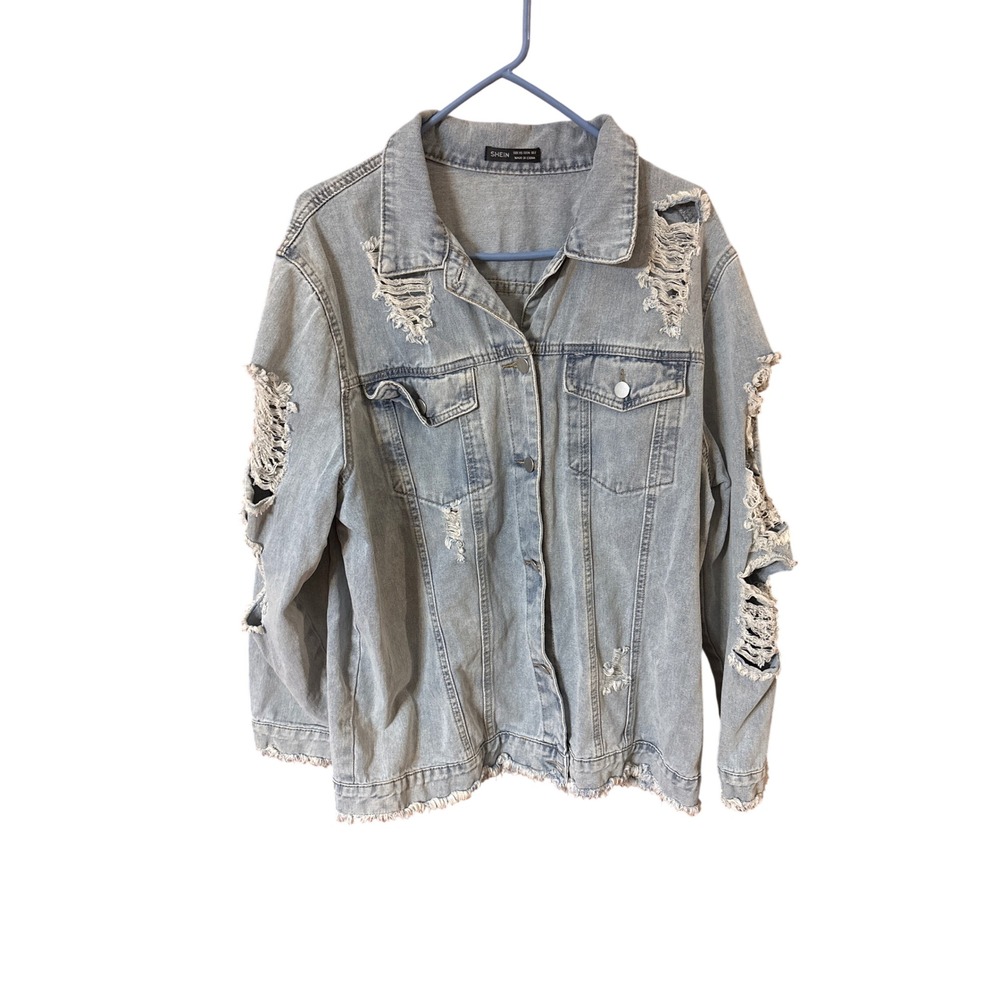 SHEIN Oversized Distressed Denim Jacket Light Wash Ripped Jean Jacket XS